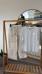 Mads önden dikişli naturel keten pantolon