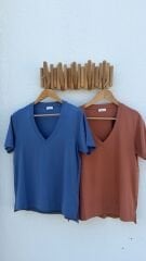 Network kadın v yaka tshirt