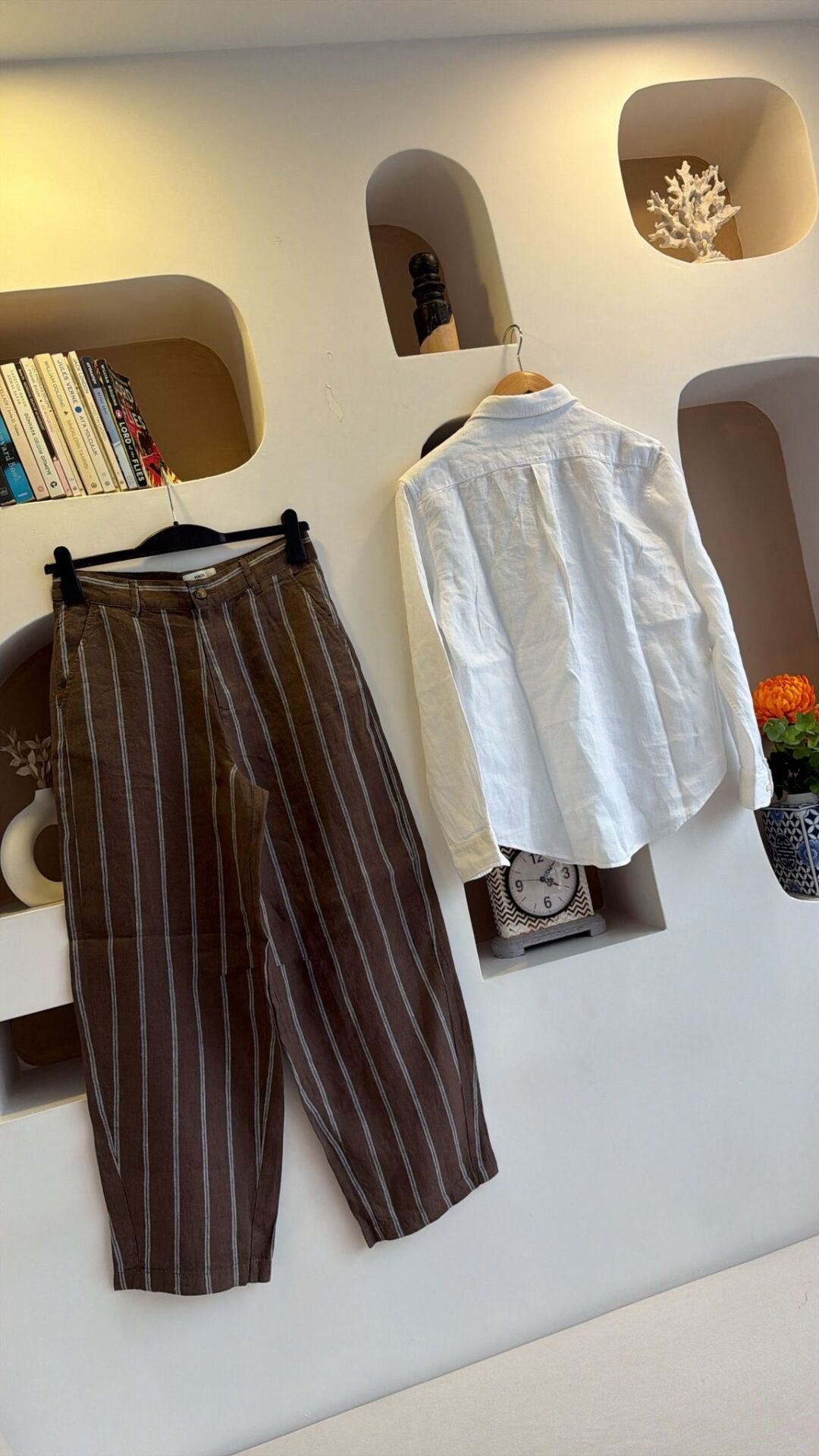 Mads kahverengi çizgili keten pantolon