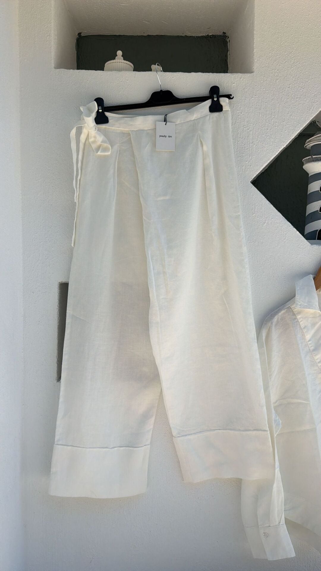 peach etek görünümlü beyaz keten pantolon