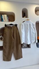 Mads sarı çizgili keten kadın pantolon