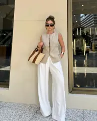 Maison leopard düğmeli keten yelek