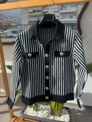 Çizgili kadın hırka siyah beyaz