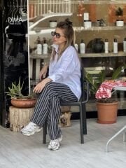 Lacivert çizgili keten pantolon