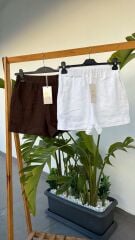 Beli lastikli keten kadın şort