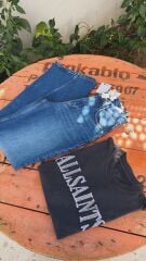Wide leg paça detaylı mavi kadın jean